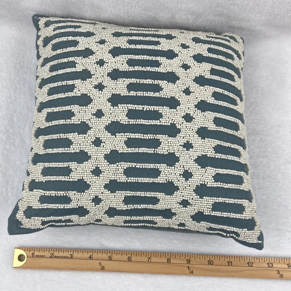 Pier 1 VTG Teal & Cream Beaded Decorative Pillow 12 x 12